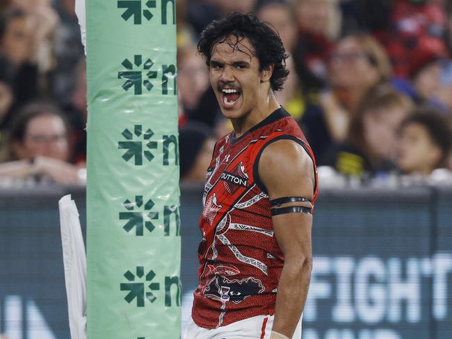 Alwyn Davey Jr is pumped up after kicking a goal. Picture: Michael Klein