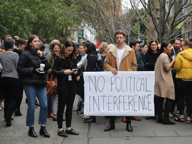 Staff protest outside the rear entrance of the ABC in Sydney. Picture: John Grainger