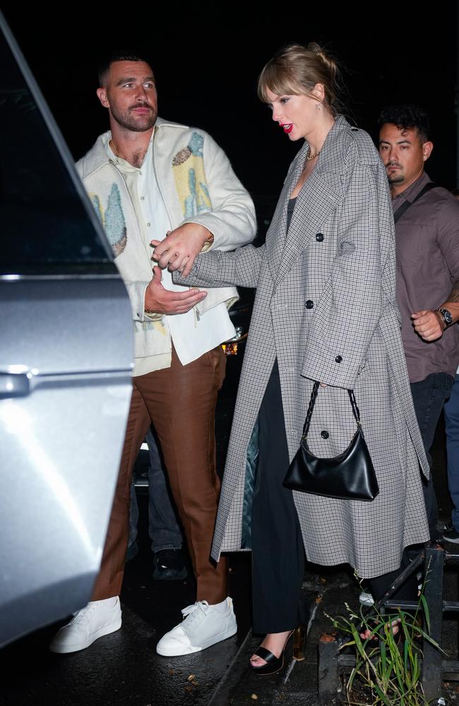 Travis Kelce and Taylor Swift depart the SNL Afterparty on October 15 in New York City. Picture: Gotham/GC Images