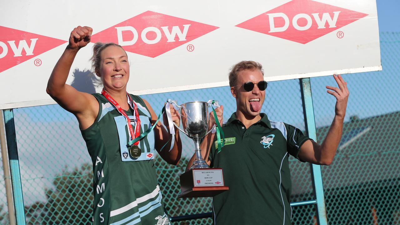 Geelong Amateur captain Keisha Guilmartin and coach Riley Richardson with the 2022 BFNL A Grade premiership trophy. Picture: Alan Barber