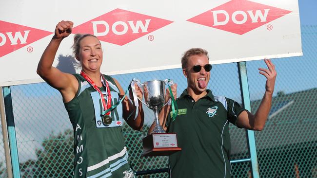 Geelong Amateur captain Keisha Guilmartin and coach Riley Richardson with the 2022 BFNL A Grade premiership trophy. Picture: Alan Barber