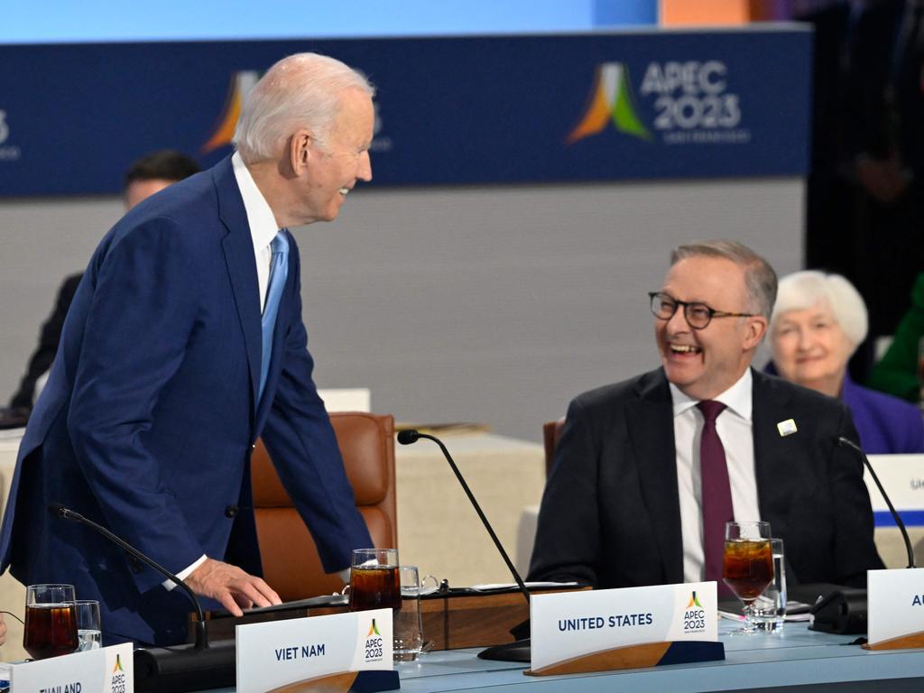 US President Joe Biden laughs with Australian Prime Minister Anthony Albanese during the APEC summit. Picture: AFP