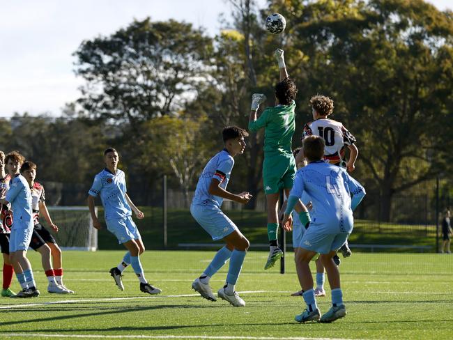 Brodie Cutajar makes a save. Picture: Michael Gorton. U16 Boys NAIDOC Cup at Lake Macquarie Regional Football Facility.