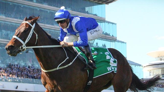 MELBOURNE, AUSTRALIA — OCTOBER 06: Hugh Bowman riding Winx wins race 5 the TAB Turnbull Stakes during Melbourne Racing at Flemington Racecourse on October 6, 2018 in Melbourne, Australia. (Photo by Scott Barbour/Getty Images)