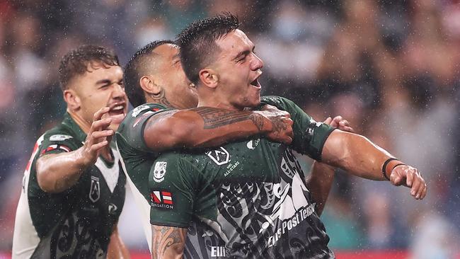 Kodi Nikorima scored the Maori’s opening try. Picture: Mark Kolbe/Getty Images