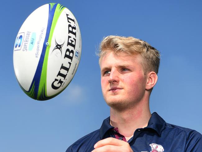 BRISBANE, AUSTRALIA - NewsWire Photos - SEPTEMBER 1, 2021. Queensland Reds new recruit Tom Lynagh, son of former Wallaby Michael Lynagh, poses for photos at Ballymore in Brisbane. Picture: NCA NewsWire / Dan Peled