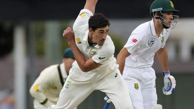 Paceman Mitchell Starc bowling for Australia against South Africa in the second Test in Hobart.