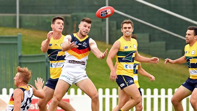 Adelaide's Bryce Gibbs drops an attempted mark in front of goal against the Eagles. Picture: Tom Huntley