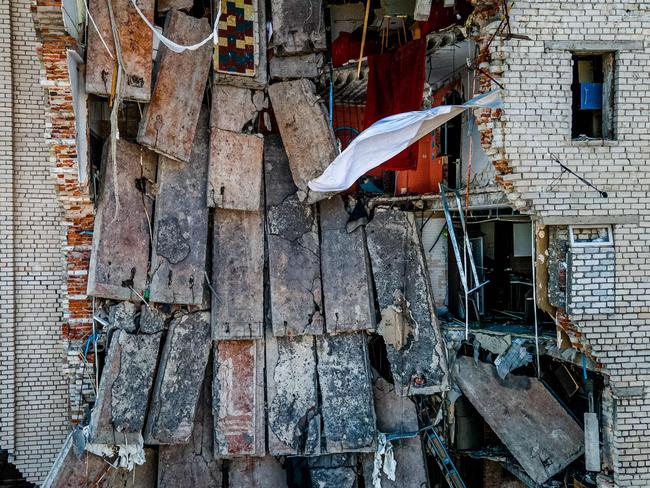 A damaged residential building in the town of Lyman, Donetsk region. Picture: AFP