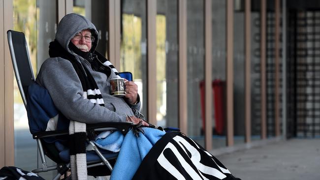 Collingwood supporter Alan Boland is the first in line at the MCG, after arriving at 7am Wednesday morning. Picture: Nicole Garmston