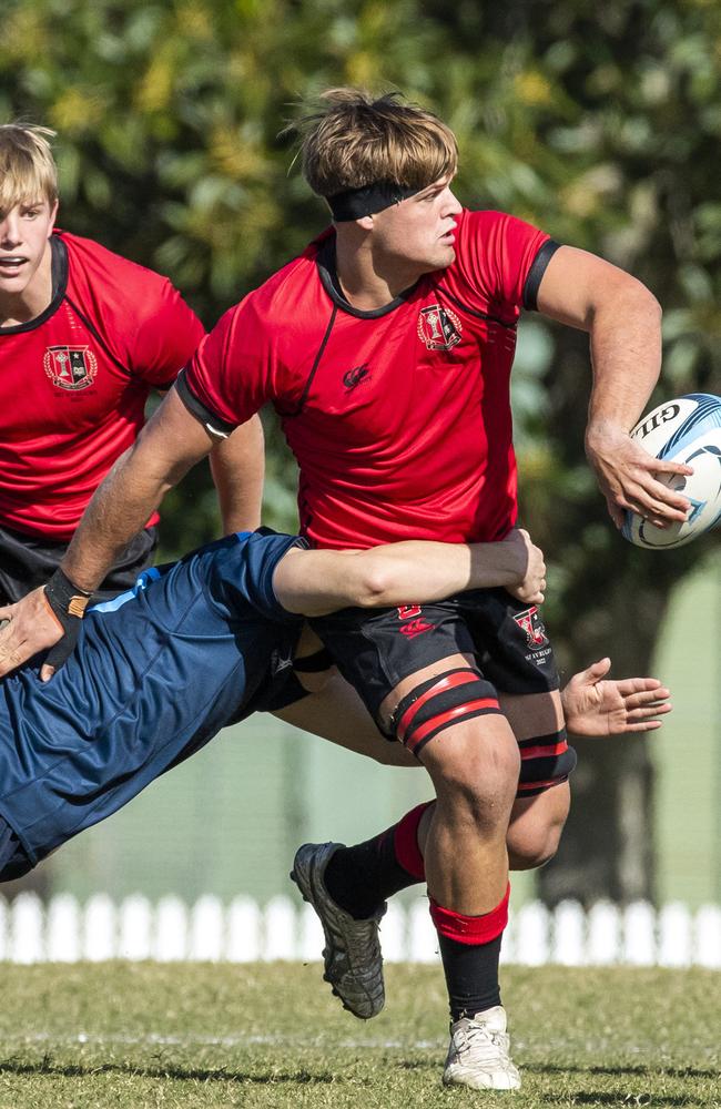 Angus Munn looks to pass in the GPS 1st XV Rugby game between Brisbane Grammar and Gregory Terrace at Northgate, Saturday, July 30, 2022 - Picture: Richard Walker