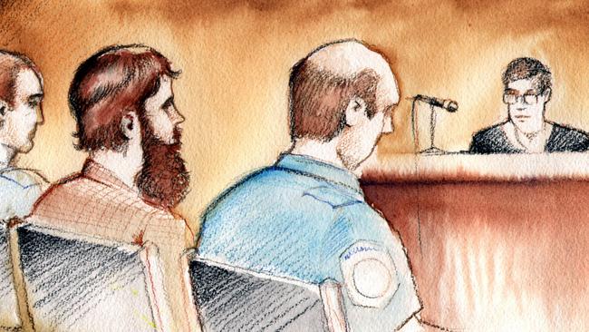 A court sketch of Long sitting in court.