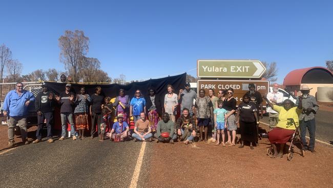 Traditional owners blockaded the entrance to Uluru-Kata Tjuta National Park last month amid growing fears of travellers arriving from hot spots. Picture: Supplied