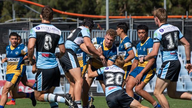 Patrick Spence is surrounded by the Cronulla defence. Picture: Monique Harmer