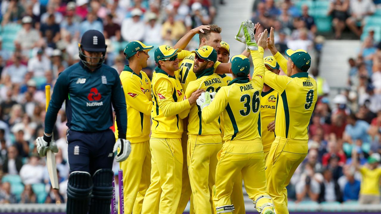 Australia's Billy Stanlake celebrates taking the wicket of England's Jason Roy.