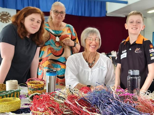 Basket weavers Angel Charlton, Jayne Ah Sam, Lyndley Kynaston, George Tilbrook and Cooper Morrisey. Photo: Valley Spinners and Crafts Group