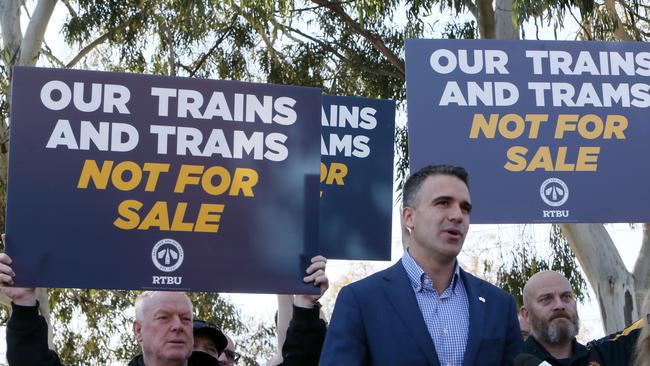 Opposition Leader Peter Malinauskas joined public transport workers at a protest against privatisation of train and tram services. Picture: AAP / Emma Brasier