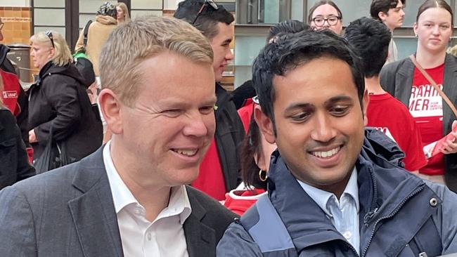 New Zealand Prime Minister Chris Hipkins campaigning at Wellington station on Tuesday. Picture: Cameron Stewart