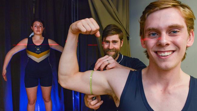 Pulteney Grammar School first VIII rowers Charlotte Casey and Jesse Coombs are scanned by UniSA sports scientist Dr Nathan Daniell. Picture: Brenton Edwards