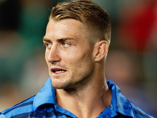 Injured Eels player Keiran Foran on the sidelines during Paramatta Eels v Brisbane Broncos round 1 game at Pirtek stadium, Parramatta. Pic Jenny Evans