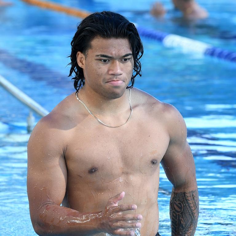 Brian To'o stuck to the shallow end during a Penrith Panthers NRL recovery session. Picture: Bradley Kanaris/Getty Images