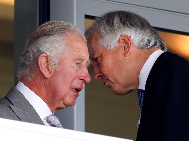 ASCOT, UNITED KINGDOM - JUNE 15: (EMBARGOED FOR PUBLICATION IN UK NEWSPAPERS UNTIL 24 HOURS AFTER CREATE DATE AND TIME) Prince Charles, Prince of Wales talks with Peter St Clair-Erskine (aka Peter Loughborough), Earl of Rosslyn (Master of The Household to The Prince of Wales and Duchess of Cornwall) as they attend day 2 of Royal Ascot at Ascot Racecourse on June 15, 2022 in Ascot, England. (Photo by Max Mumby/Indigo/Getty Images)