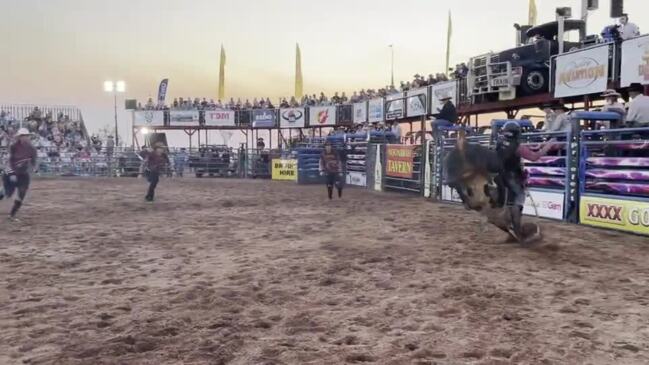 Bull rider on a bucking bull at Noonamah Rodeo 2023