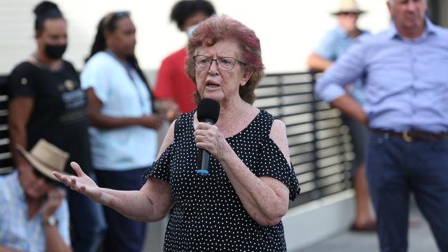 Retirement village resident and victim of crime Sylvia Carswell speaks at a Crime &amp; Justice Action Group rally in February outside Member for Cairns Michael Healy’s office on Spence Street. Picture: Brendan Radke