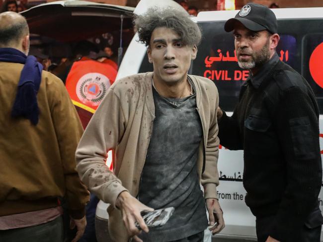 A Palestinian injured in Israeli air strikes arrives for treatment at Nasser Medical Hospital in Khan Yunis, Gaza. Picture: Getty Images