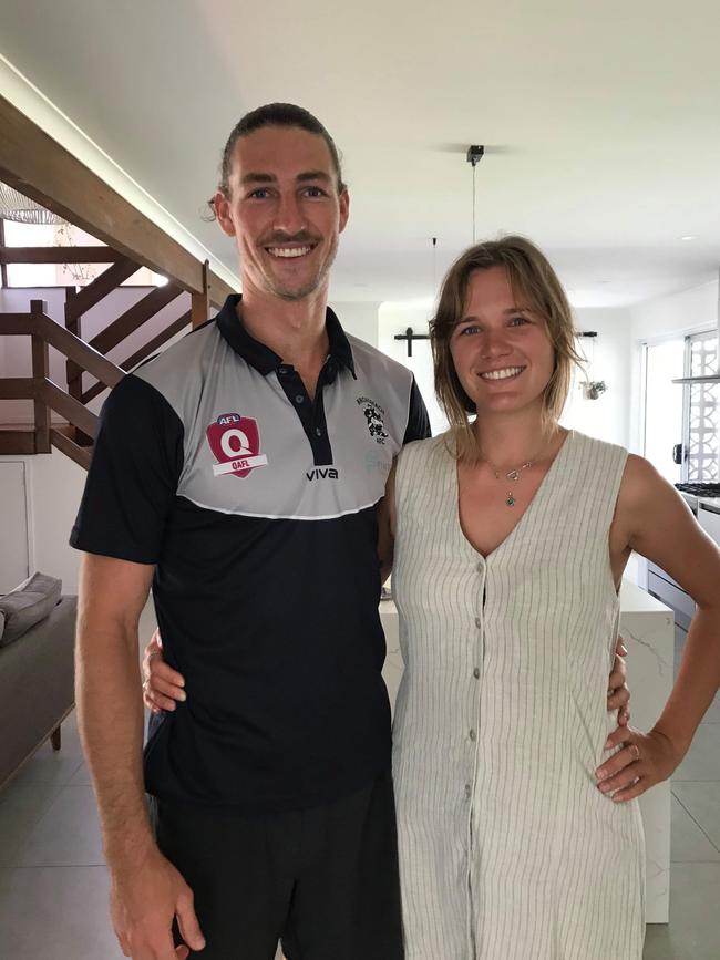 Broadbeach Cats QAFL recruit Jordan Moncrieff with partner Charli. Picture: Supplied.