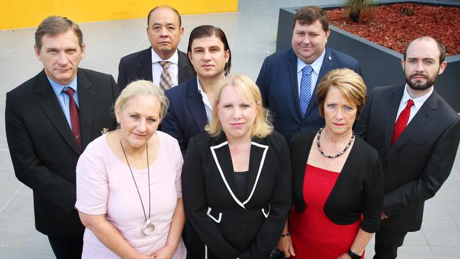 Back: Blacktown Mayor Stephen Bali, Deputy Mayor for Hornsby Vince Del Gallego, Parramatta, Councillor Benjamin Barrak, Parramatta, Councillor Bill Tyrell and Kur-in-gai Deputy Mayor Callum Clarke. Front: Hawkesbury Mayor Mary Lyons-Buchett, The Hills Shire Mayor Dr Michelle Byrne and Penrith Councillor Karen McKeown. Pic: AAP Image/Angelo Velardo