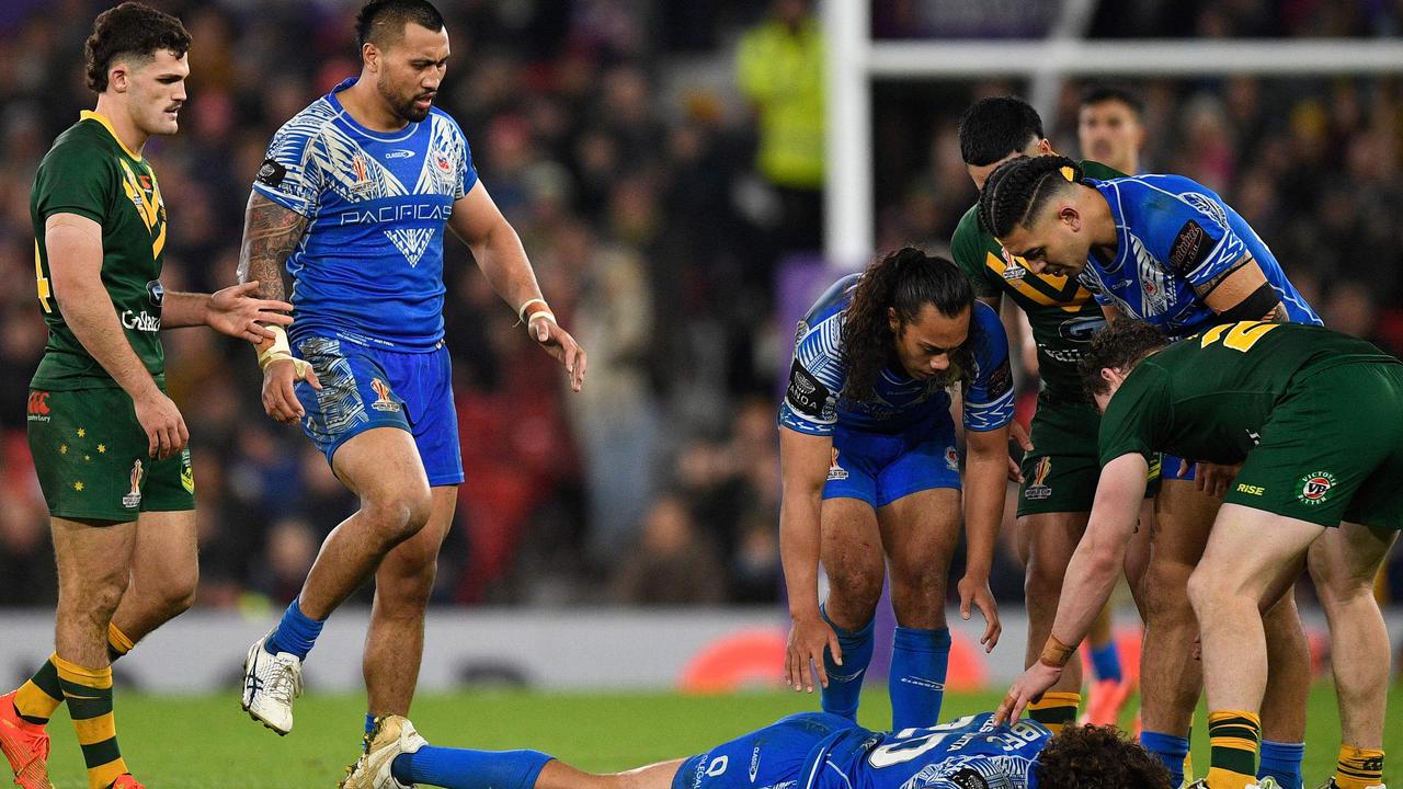 Angius Crichton’s forearm knocked Chanel Harris-Tavita out cold. Picture; Oli Scarff/AFP