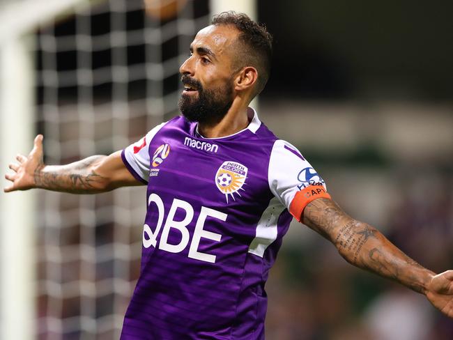 PERTH, AUSTRALIA - FEBRUARY 16: Diego Castro of the Glory celebrates after scoring their fourth goal during the round 19 A-League match between the Perth Glory and the Brisbane Roar at HBF Park on February 16, 2019 in Perth, Australia. (Photo by Scott Barbour/Getty Images)