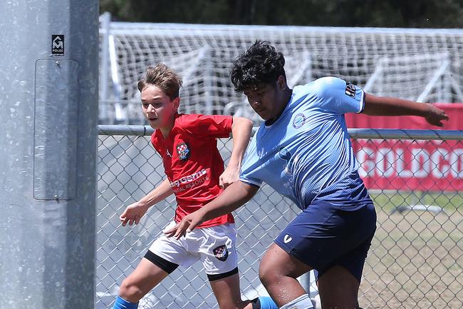 The Premier Invitational football tournament on the Gold Coast. Gold Coast Knights Red v Springfield United under-13s in action. Picture: Mike Batterham.