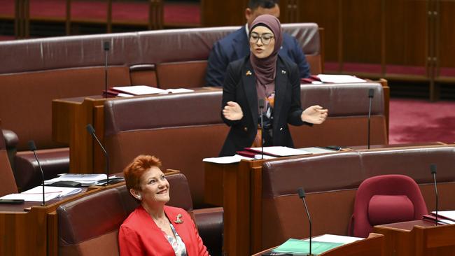 Senator Pauline Hanson and Senator Fatima Payman in the Senate at Parliament House in Canberra. Picture: NewsWire / Martin Ollman