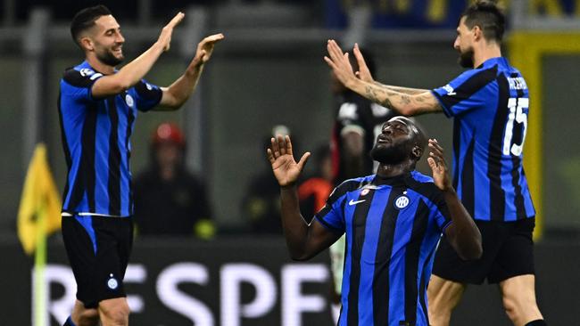 Inter Milan's Romelu Lukaku and teammates react at the end of the Champions League semi-final second leg match against AC Milan. Picture: AFP