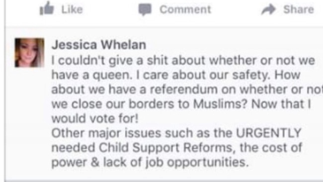 Comments about Muslim immigration allegedly made by Liberal candidate Jessica Whelan on Facebook. 