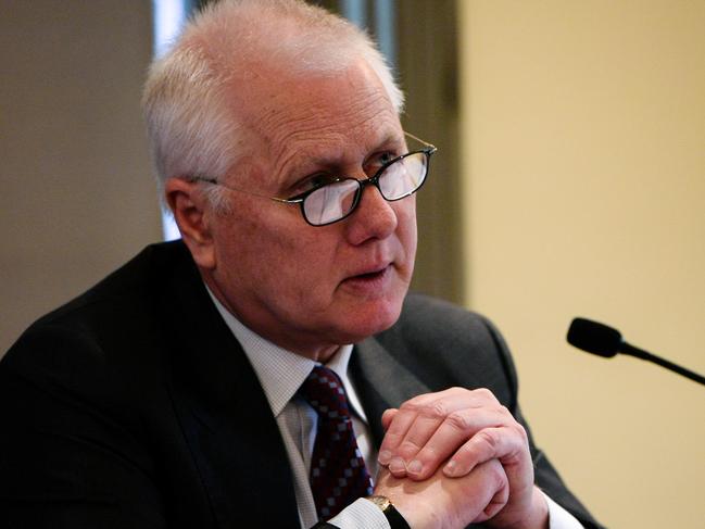 Commissioner Bret Walker SC is seen making his opening comments at the first public hearings of the Murray Darling Basin Royal Commission at the Adelaide Town Hall, King William St, in Adelaide, Monday, June 18, 2018. (AAP Image/Morgan Sette)