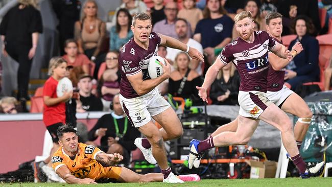 Tom Trbojevic in full flight for the Sea Eagles is a highlight of the NRL in 2021. So why do we want to change that? Picture: Bradley Kanaris/Getty Images