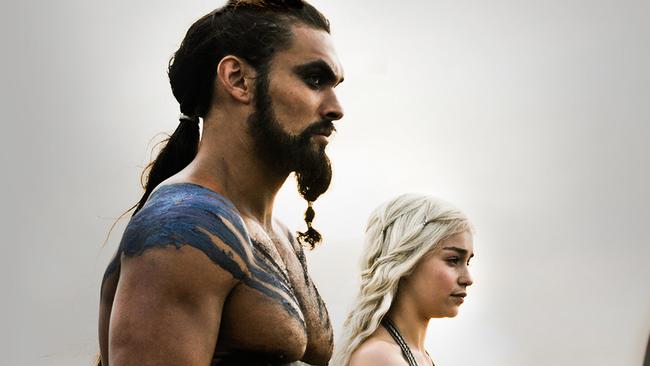 Jason Momoa as Khal Drogo and Emilia Clarke as Daenerys Targaryuen, aka Khaleesi, in Game Of Thrones.