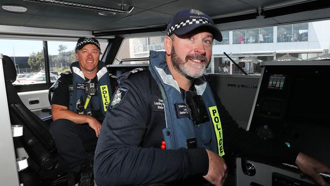 Leading Senior Constables Shaun Wallace and Dean Leicester on the VP01 at Queenscliff Harbour. Picture: Alan Barber