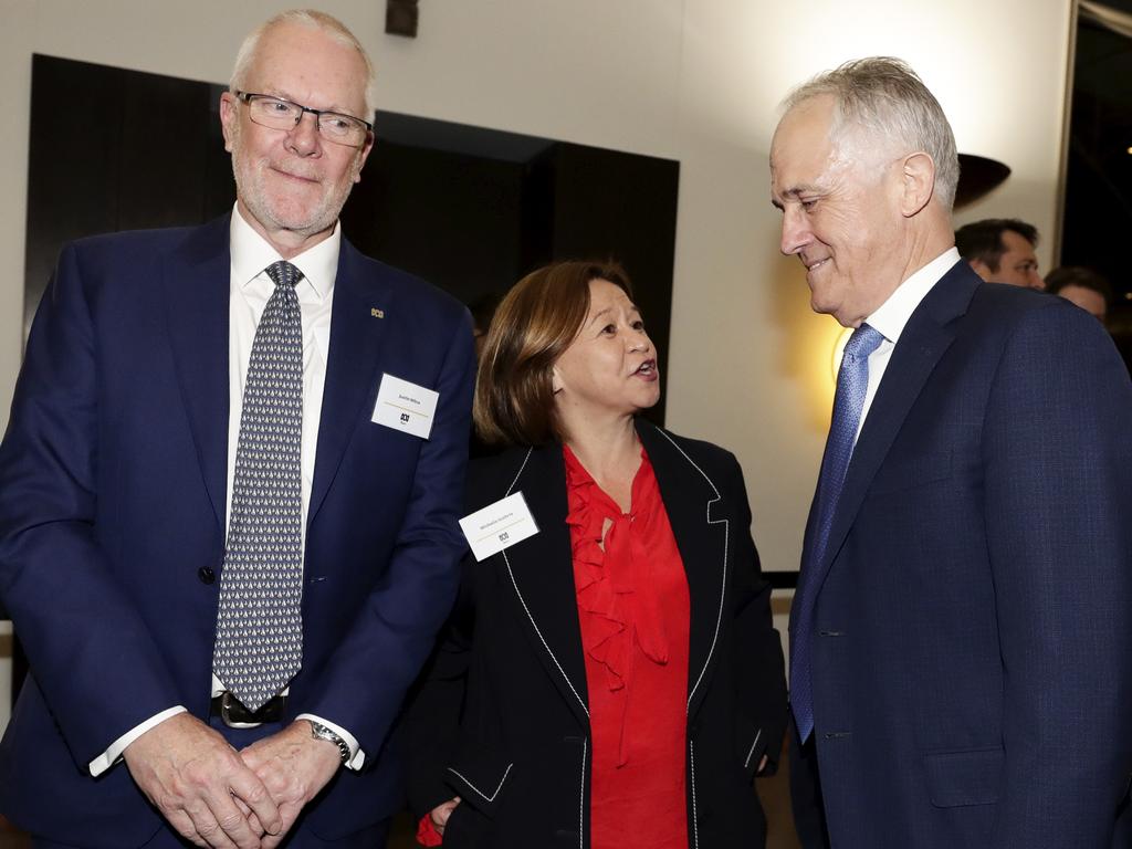 This photo of Justin Milne, Michelle Guthrie and Malcolm Turnbull was taken in mid-August. None of the three are still in their jobs. Picture: Alex Ellinghausen