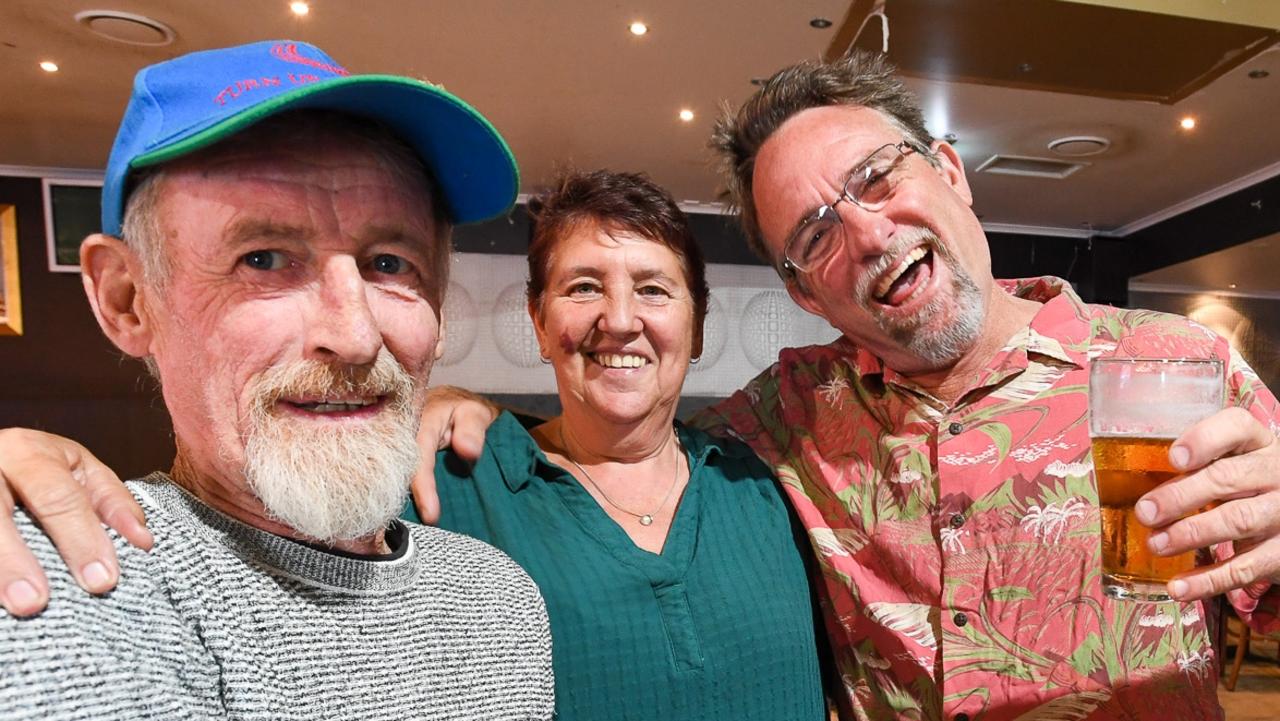 Stewart and Vicki Smith with mate Jason Spokes celebrating the 2022 Melbourne Cup at Mary G's in Lismore. Picture: Cath Piltz