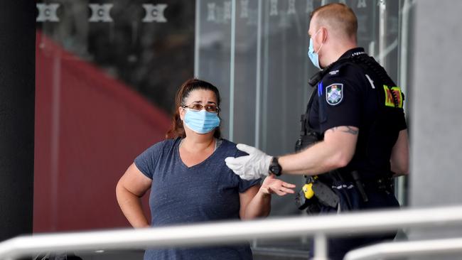 Police outside of Brisbane’s quarantine hotel The Grand Chancellor. Picture: John Gass