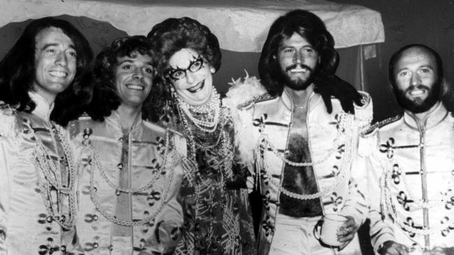 Barry Humphries as Dame Edna Everage with the Bee Gees in 1978.