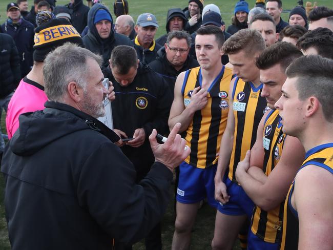 St Bernards coach Mark Riley addresses his players during the VAFA Premier B grand final. Picture: David Crosling