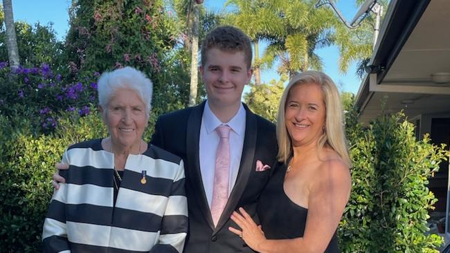 Dawn Fraser, 83, her grandson Jackson, 17, and daughter, Dawn-Lorraine, 55, at Jackson's school formal held on the Sunshine Coast in March.