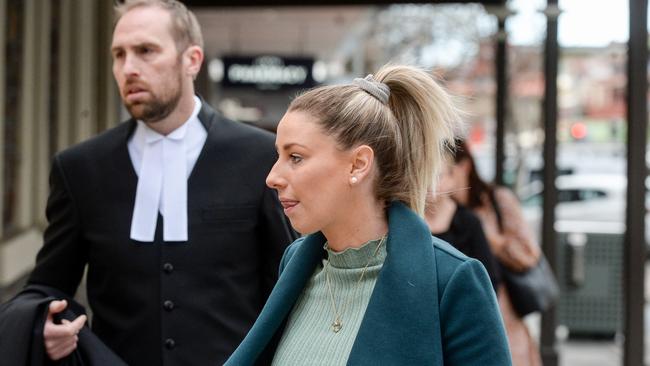 Deni Varnhagen at the South Australia Supreme Court in Adelaide. She was against the vaccine mandate for healthcare workers, which was her second job away from football.