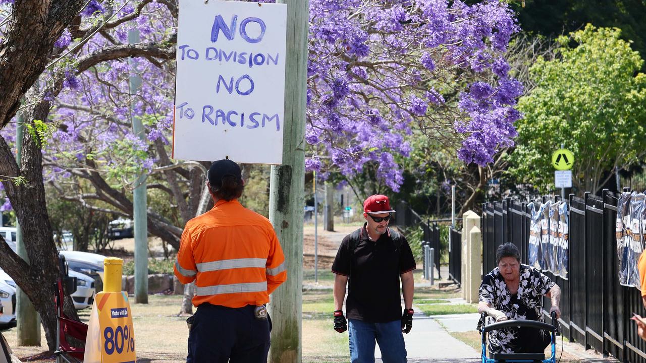 A protester outside a voting centre in Goodna. Picture: Tertius Pickard