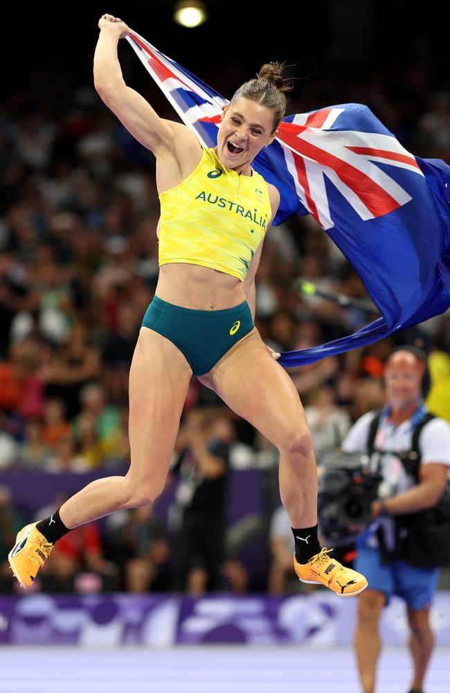 Nina Kennedy celebrates winning the gold medal at the Olympic Games in Paris. Picture: Cameron Spencer/Getty Images